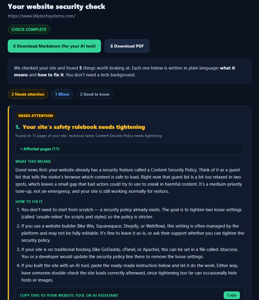 Example SiteXure report: issues found, what each one means, and how to fix it